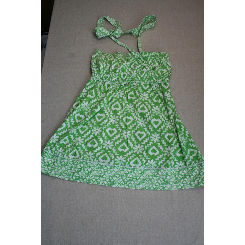 Wear It Declare It Green White Heart Ikat Smocked Halter Top Large Babydoll Boho